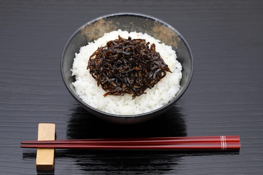 Japanese food, Tsukudani of konbu on cooked white rice