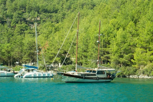 Recreation on the boat near the shore of a mountain