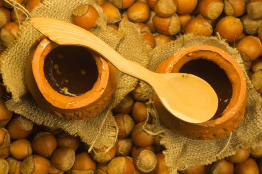 Honey pot with wooden spoon and nuts background