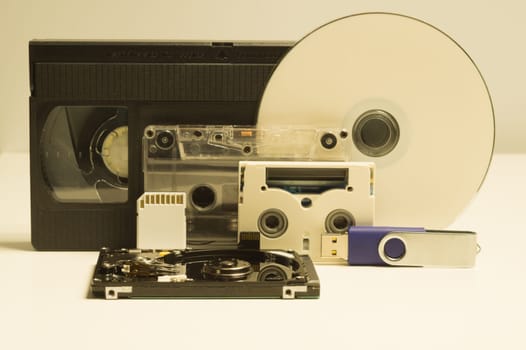 Various media types. compact disc. memory card. video and audio cassette. usb flash drive. media types evolution