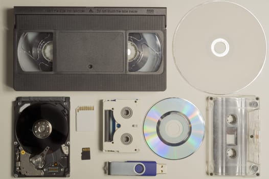 Various media types. compact disc. memory card. video and audio cassette. memory stick. media types evolution