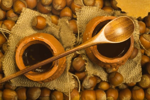 Honey pot with wooden spoon and nuts background