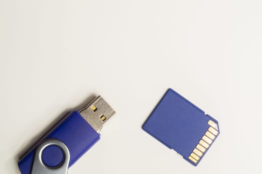 Memory card and memory stick isolated on white background. usb flash drive. sd card macro. copy space
