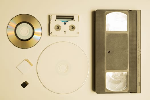 Various media types. compact disc. memory card. video tape. digital video cassette. media types evolution