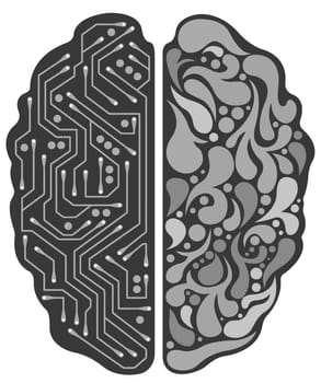 brain mind half computer artificial tech cyborg black white illustration
