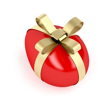 Red Easter egg with golden ribbon on white background