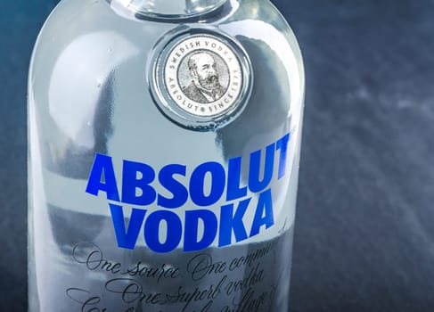 Bottle of pure Absolut vodka. Absolut vodka has been produced in southern Sweden since 1879. Absolut was bought by Pernod Ricard group in 2008