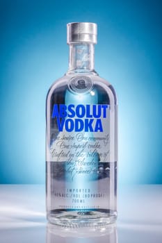 Bottle of pure Absolut vodka. Absolut vodka has been produced in southern Sweden since 1879. Absolut was bought by Pernod Ricard group in 2008