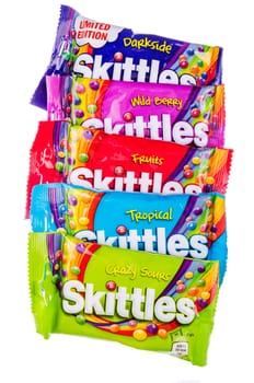 Skittles fruit-flavoured candies isolated on white background. Nowadays Skittles produced and marketed by the Wrigley Company Wrigley Company a division of Mars Incorporated, USA.
