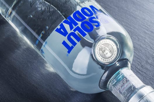 Bottle of pure Absolut vodka. Absolut vodka has been produced in southern Sweden since 1879. Absolut was bought by Pernod Ricard group in 2008