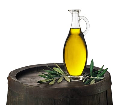 Bottle of Extra virgin healthy Olive oil with barrel on white background