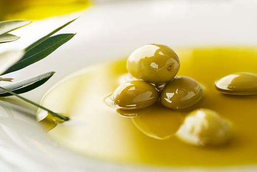Healthy olive oil with olives ingredients close up. Healthy concept