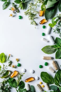 Supplements and vitamins with medicinal herbs. Selective focus. Generative AI, medical