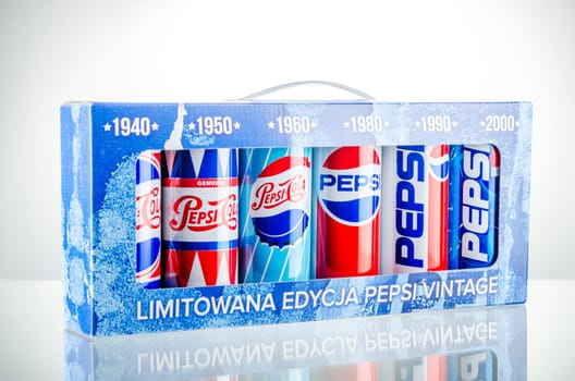 Pepsi drink isolated on gradient background. Pepsi is carbonated soft drink produced by PepsiCo. Pepsi was created and developed in 1893.