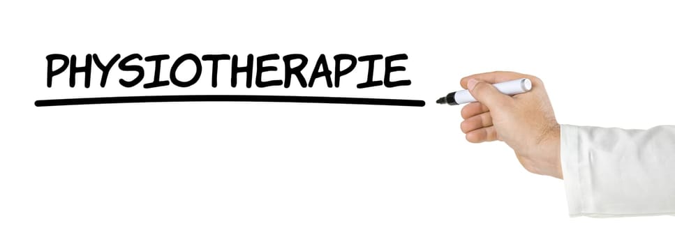 Hand with pen writes physiotherapy