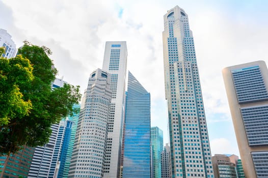 Modern skyscrapers of Singapore Downtown Core, bottom view