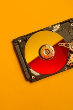 Colorful hdd. open hard disk drive. The concept of data storage. data array. hard drive from the computer. hdd with mirror effect. copy space