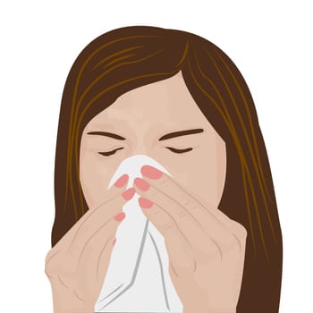 Woman having a cold flu, influenza or allergy sneezing and feeling unwell vector illustration