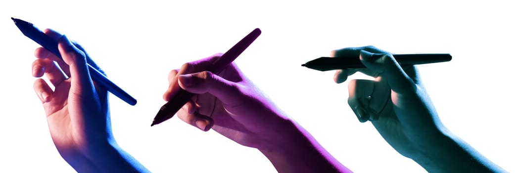 Male hand using black marker isolated over white background