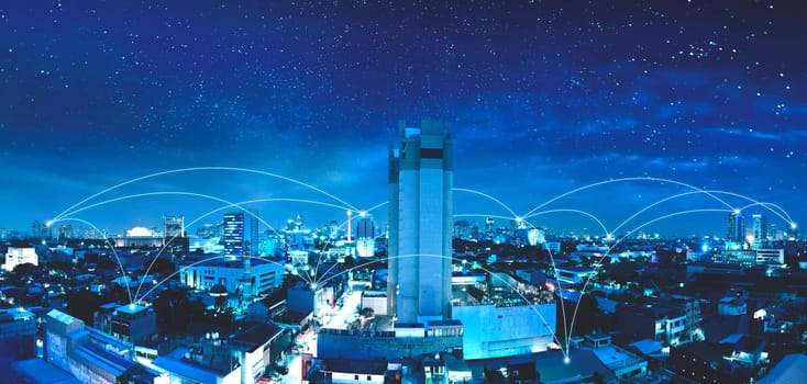 Modern city with internet and communication network over night scene background