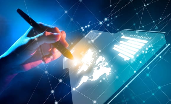 Business hand with markers touching a virtual screen which display the interface of server data, world maps, graph and binary code with internet network background. Digital technology concept
