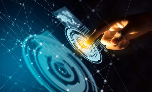 Business finger touching a circle on virtual screen which display the interface of world maps, binary code and business network. Digital technology concept