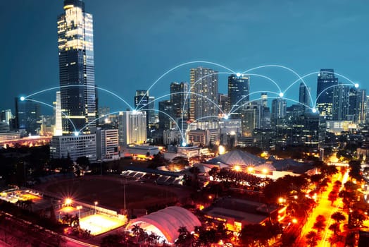 Modern city with internet and communication network over night scene background