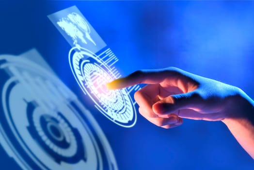 Business finger touching a circle on virtual screen which display the interface of world maps and binary code. Digital technology concept