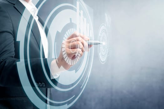 Businessman drawing with marker on virtual screen which display the interface of world map and binary code. Digital technology concept