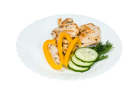 grilled chicken fillet on a white plate isolated white background