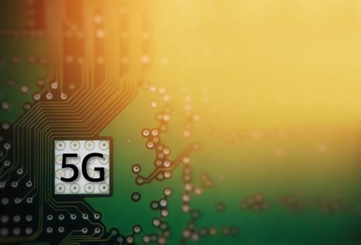 5G Mobile chip on computer board background. Copy space and Technology concept