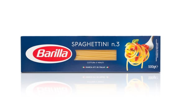 CHISINAU, MOLDOVA - Marth 21, 2018: Front view of Barilla Spaghetti n.3 italian pasta on white background. Barilla is a company was founded as a bakery shop in Parma, Italy by Pietro Barilla