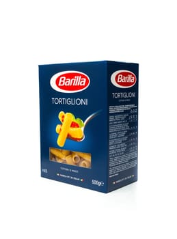 CHISINAU, MOLDOVA - July 15, 2018: Barilla Tortiglioni Italian pasta in a box isolated on white background. Barilla is an Italian food company, founded in 1877 in Parma, Italy.