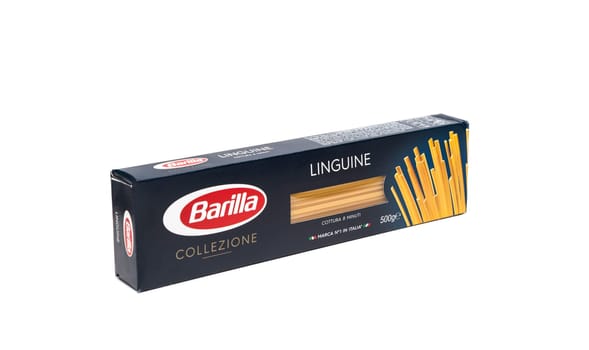 CHISINAU, MOLDOVA - May 16, 2018: Front view of Barilla Spaghetti Collezione. italian pasta on white background. Barilla is a company was founded as a bakery shop in Parma, Italy by Pietro Barilla