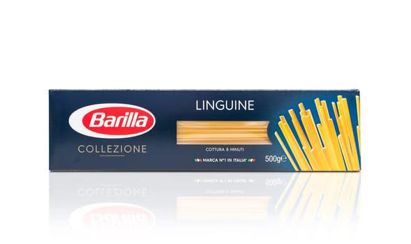 CHISINAU, MOLDOVA - May 16, 2018: Front view of Barilla Spaghetti Collezione. italian pasta on white background. Barilla is a company was founded as a bakery shop in Parma, Italy by Pietro Barilla