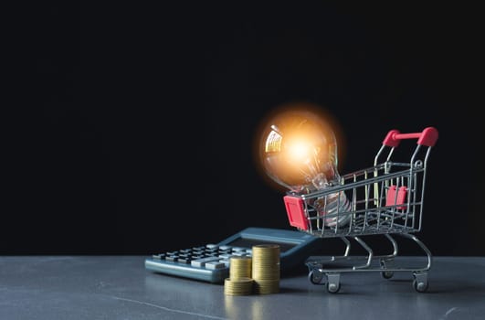 Energy saving light bulb with shopping cart financial and shopping concept and copy space for insert text.
