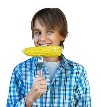 Portrait casual young man eating apple, against a white wall