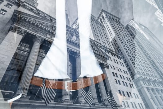 Corporate business, finance, stock market and economic prosperity conceptul collage. Businessman wearing fashionable classic navy blue suit against new york stock exchange.