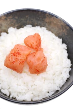 Japanese cooked white rice with karashi mentaiko on white background