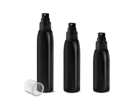 Black cosmetic spray bottles set isolated on white background