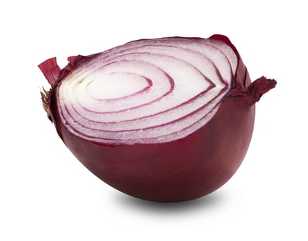 Sliced and peeled red onion isolated on white background with shadow