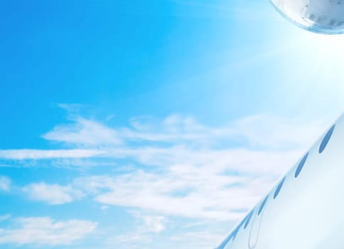 transportation, technology, aircraft, air, fly, travel,  jet, airline, airlines, airway, cargo, plane, board, air turbine, blue, white, space, clouds, sunny day, sky