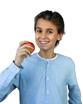 Young boy eating red apple. On a white background.