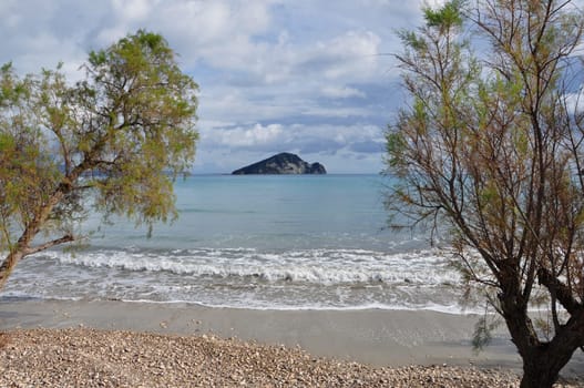Keri beach in Zakynthos Greece and Marathonisi island natural habitat of the caretta-caretta sea turtle.