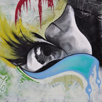ATHENS, GREECE - DECEMBER 10, 2014: Female eye with big eyelashes and river of tears colorful graffiti on city wall. Urban street art.