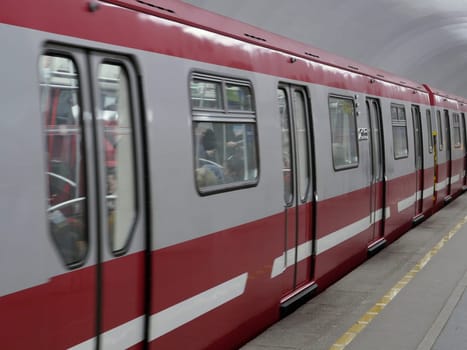 St. Petersburg, Russia April 10, 2019 red metro train in motion
