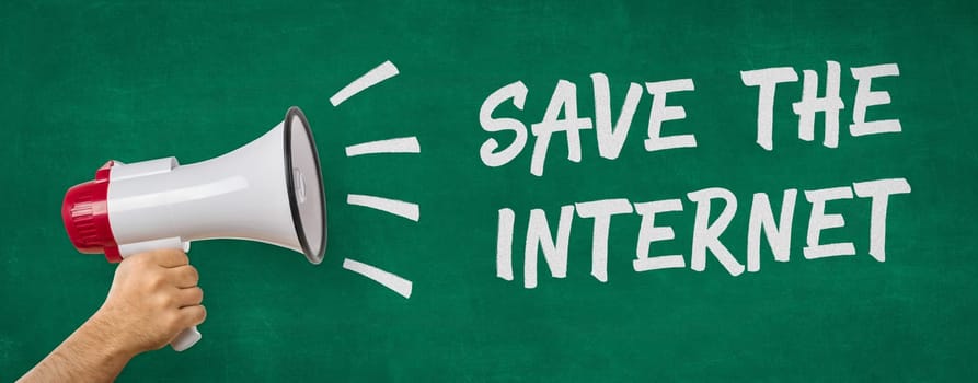 A man holding a megaphone - Save the internet