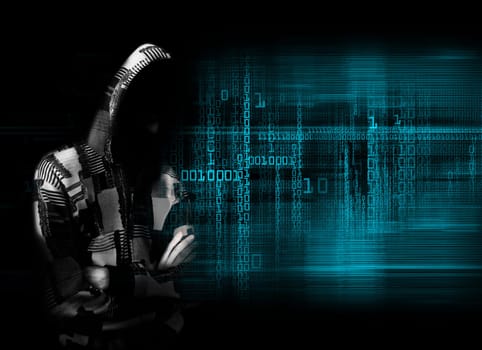 An adult online anonymous internet hacker with invisible face in urban environment and number codes illustration concept. Mixed media.