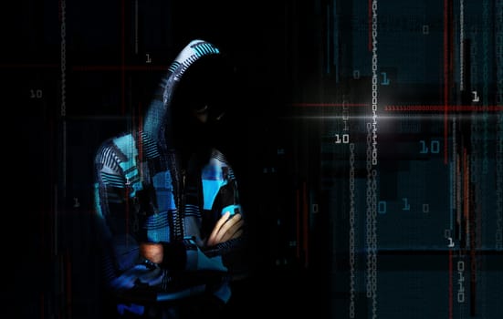 An adult online anonymous internet hacker with invisible face in urban environment and number codes illustration concept. Mixed media.