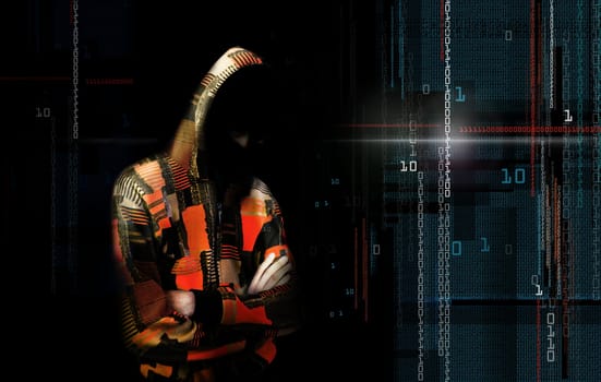 An adult online anonymous internet hacker with invisible face in urban environment and number codes illustration concept. Mixed media.